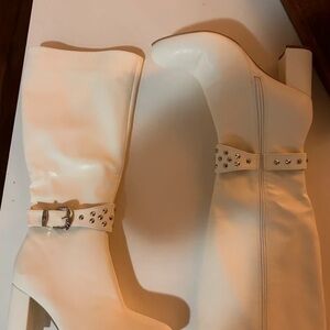 Zara Cream Mid-Calf Block Heel Boots with Studded Buckle